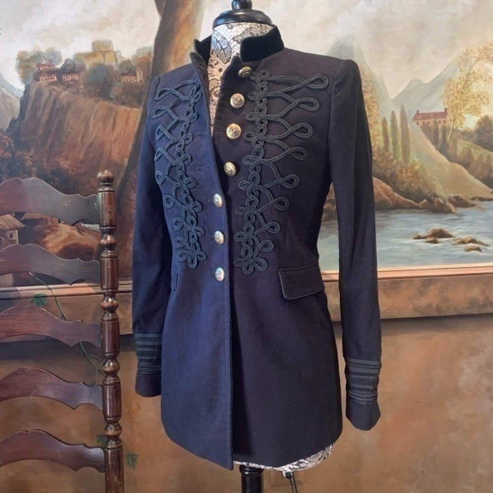 ✨💙Zara Military Style Jacket Cording Design Gold Buttons Velvet Collar💙S…